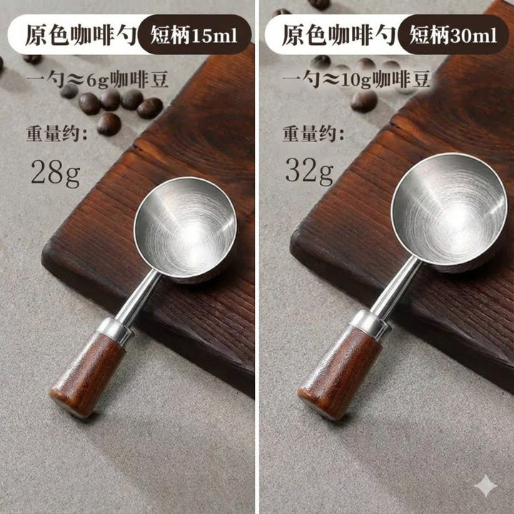 Solid wood short-handle stainless steel coffee scoop, 15 ml and 30 ml