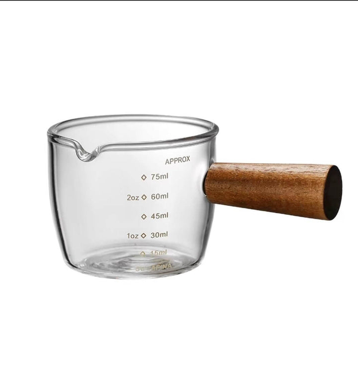 Glass espresso measuring cup with wooden handle, 75 ml