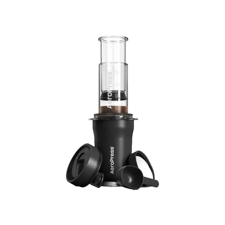 AeroPress Go Plus travel coffee system with insulated tumbler in black