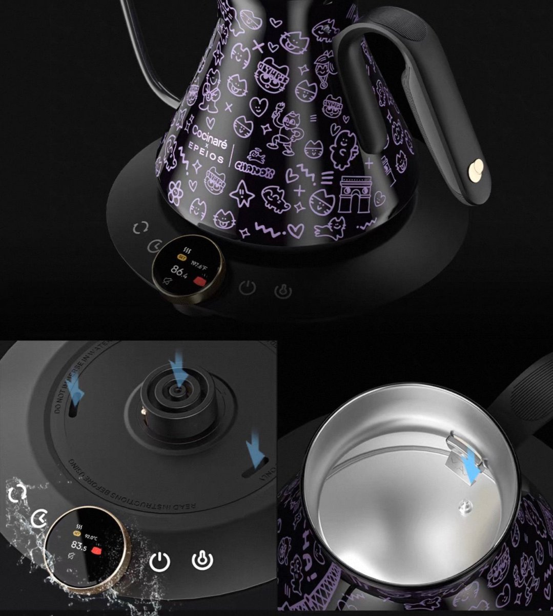 Cocinare Paris Cat M6 PRO Electric Gooseneck Kettle 0.6L - Temperature Control Pour Over Coffee Kettle with Color-Changing Display | Smart Pour Over Kettle in Black Purple
