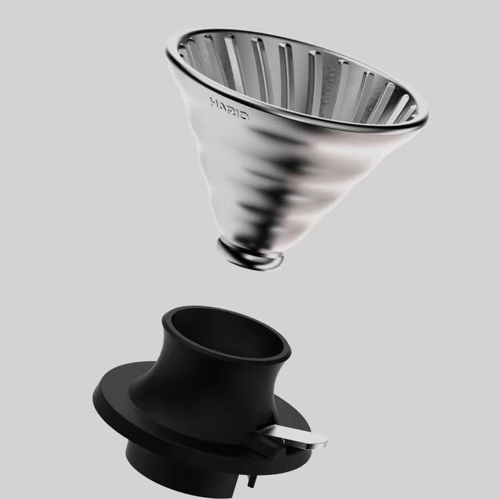 HARIO V60 stainless steel dripper shown with its base