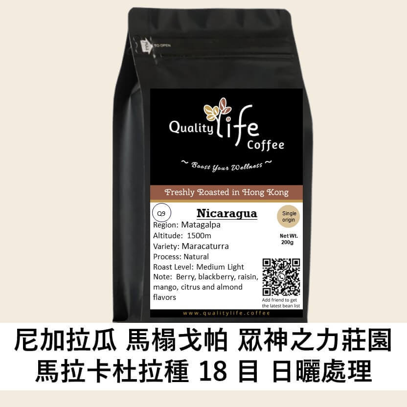 Quality Life Coffee Nicaragua Matagalpa Maracaturra Natural, freshly roasted in Hong Kong, berry and mango flavor profile.