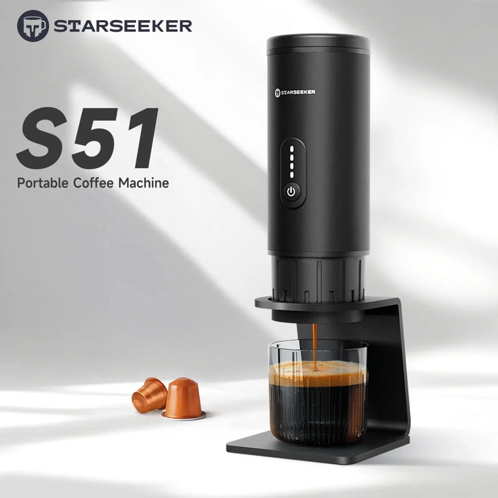 Starseeker S51 portable espresso machine, Nespresso compatible, showing extraction