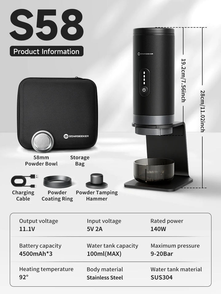 STARSEEKER S58 portable espresso coffee machine for camping with specifications and product information chart.