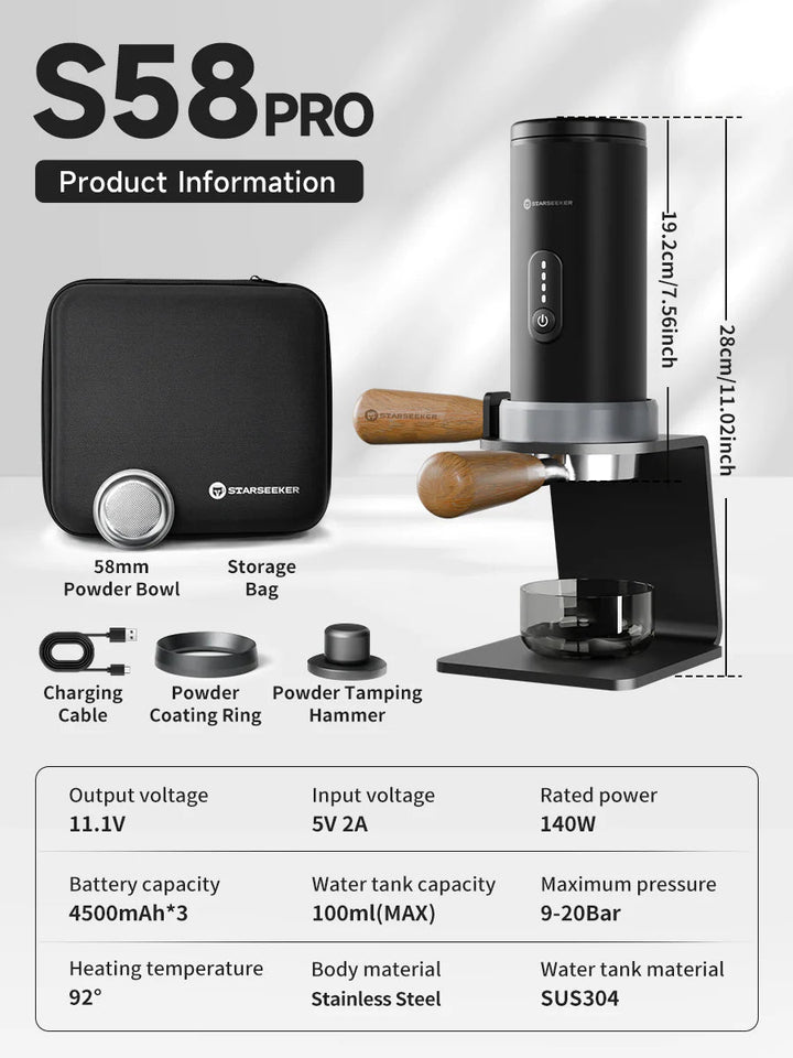 STARSEEKER S58PRO portable espresso coffee machine for camping with 58mm powder bowl and sleek design.