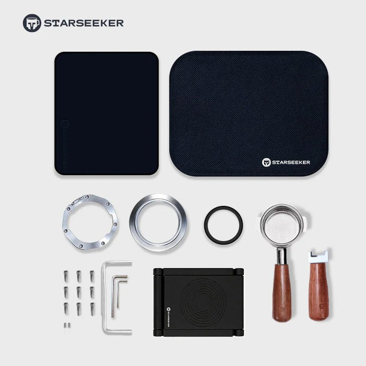Starseeker Super58 full upgrade set with two solid wood handles, folding stand and 58 mm bottomless portafilter