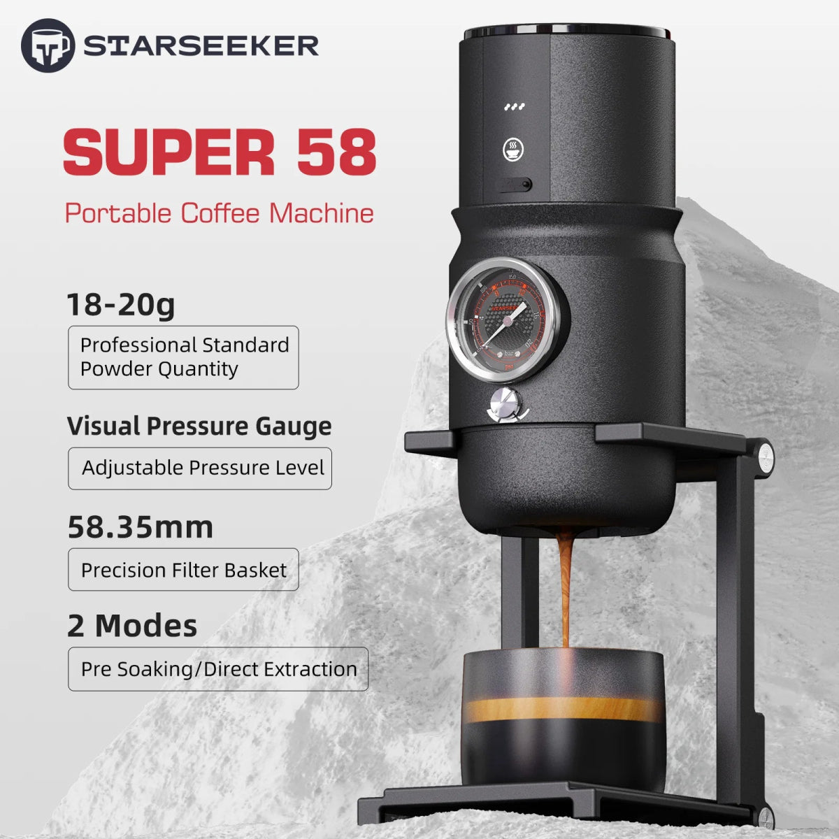 STARSEEKER Super58 便攜式專業意式咖啡機｜USB-C快充｜58mm粉碗｜視覺壓力計｜18-20g容量｜咖啡玩家首選