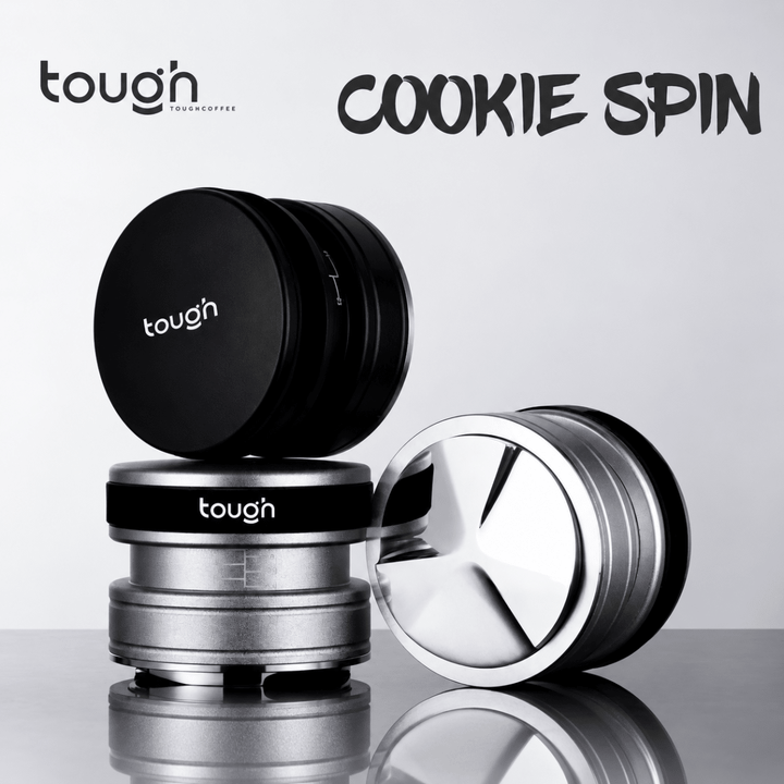 TOUGH Coffee Cookie Spin distributor tamper in matte black and stainless steel
